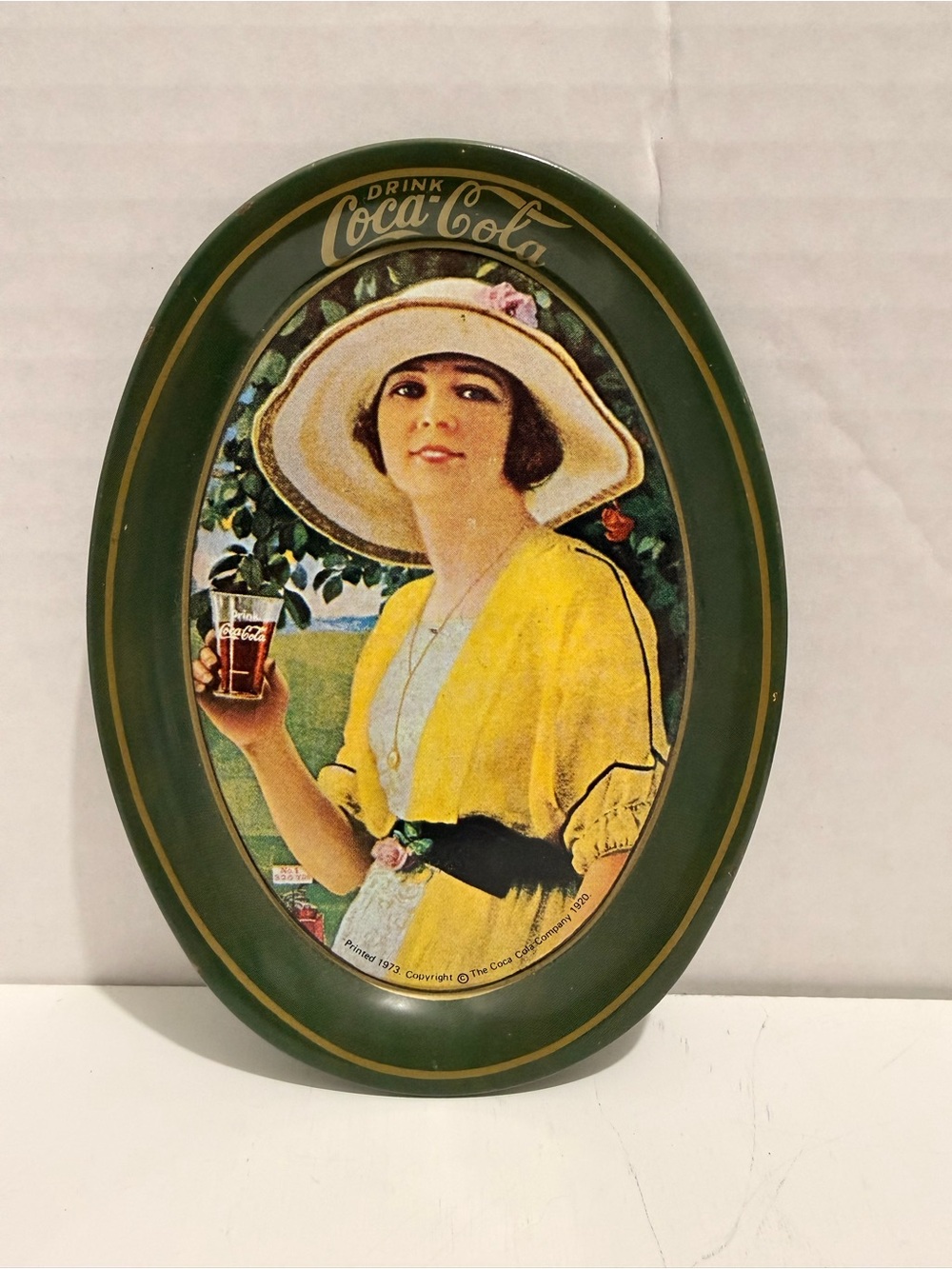 Vintage 1973 Coca-Cola Green Oval Tray with Woman in Yellow Dress